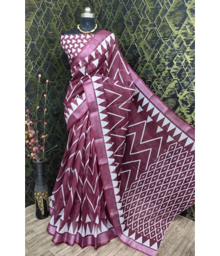 Generic Women's Cotton Linen Woven Design Saree With Unstitched Blouse 5.5Mtr (Maroon)