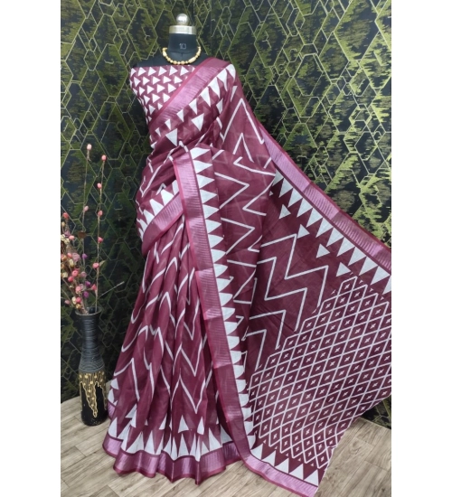 Generic Women's Cotton Linen Woven Design Saree With Unstitched Blouse 5.5Mtr (Maroon)
