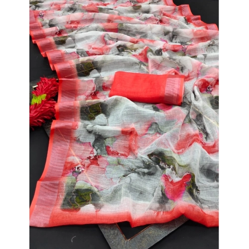 Women's Cotton Linen Woven Design Saree With Unstitched Blouse 5.5Mtr (Red) Women's Cotton Linen Woven Design Saree With Unstitched Blouse 5.5Mtr (Red)