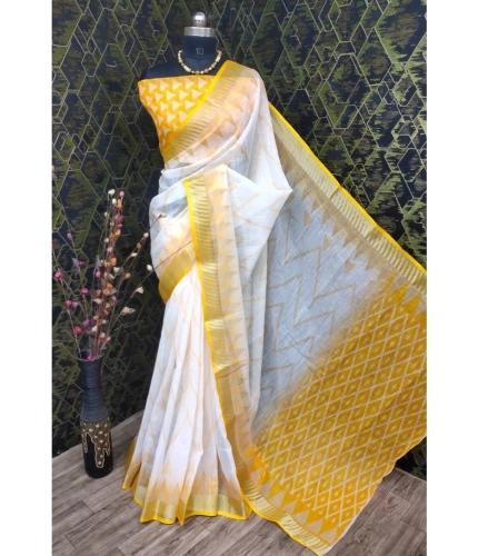 Generic Women's Cotton Linen Woven Design Saree With Unstitched Blouse 5.5Mtr (Yellow)