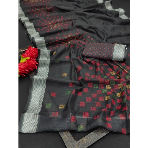Women's Cotton Linen Digital Print Saree With Unstitched Blouse 5.5Mtr (Black)