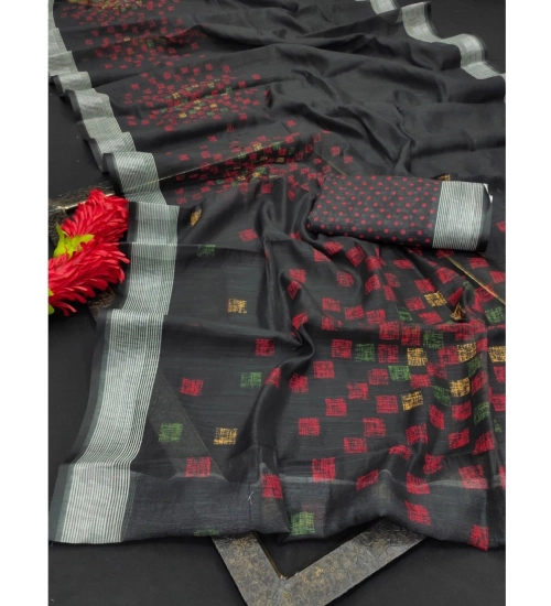 Generic Women's Cotton Linen Digital Print Saree With Unstitched Blouse 5.5Mtr (Black)