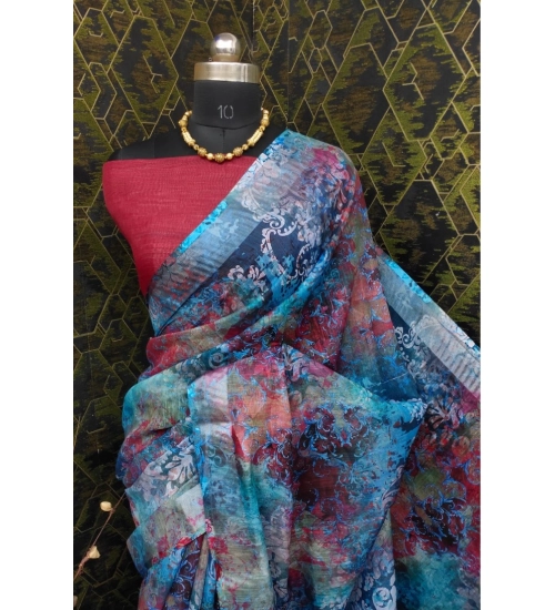 Generic Women's Cotton Linen Woven Design Saree With Unstitched Blouse 5.5Mtr (Blue)