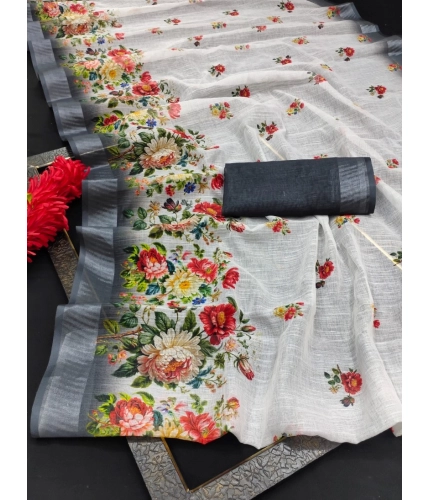 Generic Women's Cotton Linen Woven Design Saree With Unstitched Blouse 5.5Mtr (Black)