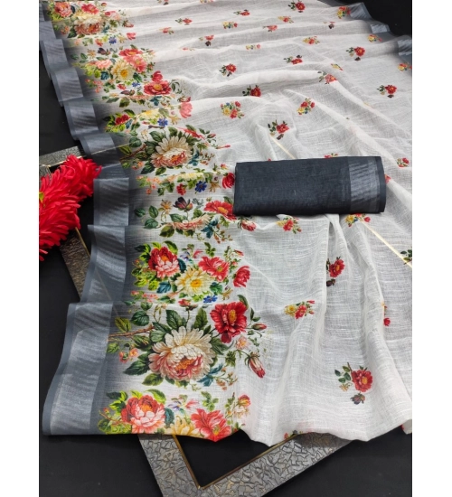 Generic Women's Cotton Linen Woven Design Saree With Unstitched Blouse 5.5Mtr (Black)