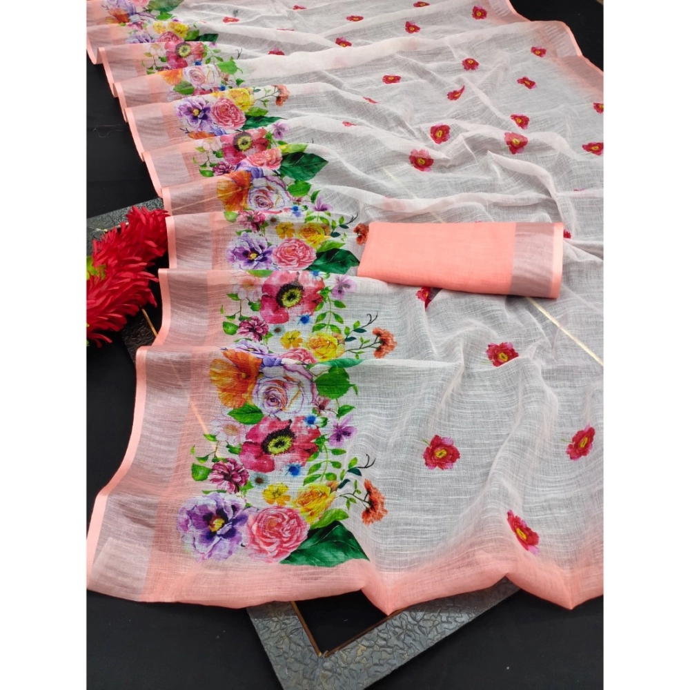 Generic Women's Cotton Linen Woven Design Saree With Unstitched Blouse 5.5Mtr (Peach)