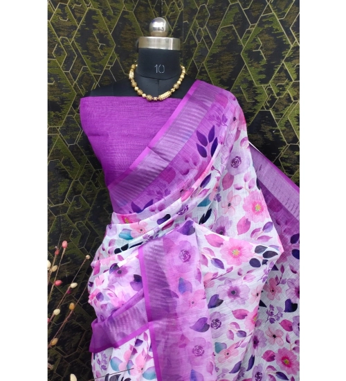 Generic Women's Cotton Linen Woven Design Saree With Unstitched Blouse 5.5Mtr (Purple)