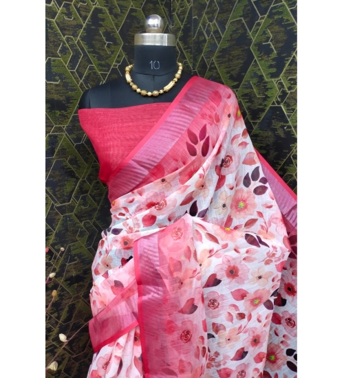 Generic Women's Cotton Linen Woven Design Saree With Unstitched Blouse 5.5Mtr (Red)