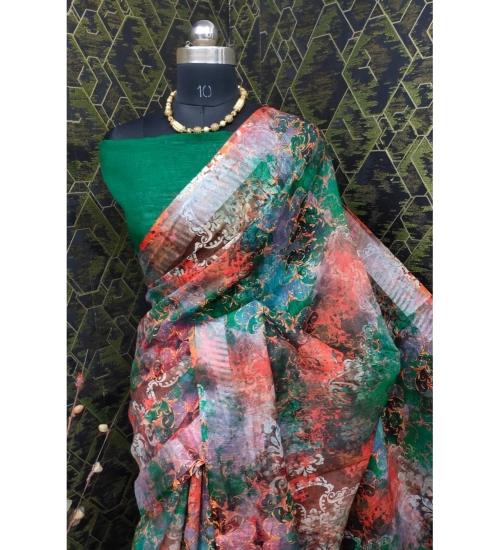 Generic Women's Cotton Linen Woven Design Saree With Unstitched Blouse 5.5Mtr (Green)