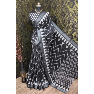 Generic Women's Cotton Linen Woven Design Saree With Unstitched Blouse 5.5Mtr (Black)
