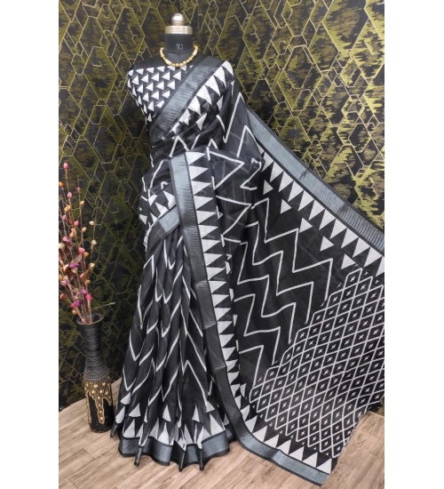 Generic Women's Cotton Linen Woven Design Saree With Unstitched Blouse 5.5Mtr (Black)