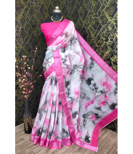 Generic Women's Cotton Linen Woven Design Saree With Unstitched Blouse 5.5Mtr (Pink)