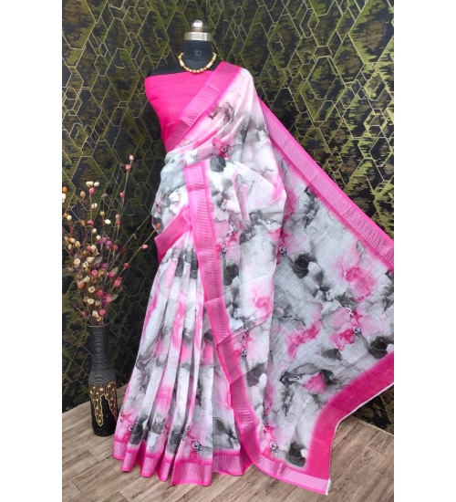 Generic Women's Cotton Linen Woven Design Saree With Unstitched Blouse 5.5Mtr (Pink)