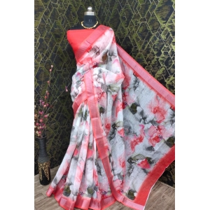 Generic Women's Cotton Linen Woven Design Saree With Unstitched Blouse 5.5Mtr (Red)