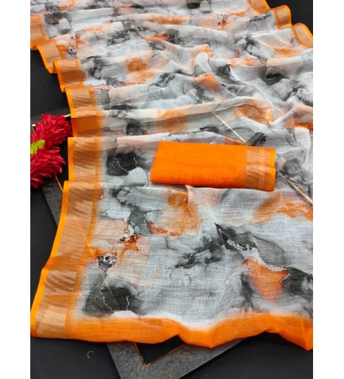 Generic Women's Cotton Linen Woven Design Saree With Unstitched Blouse 5.5Mtr (Orange)