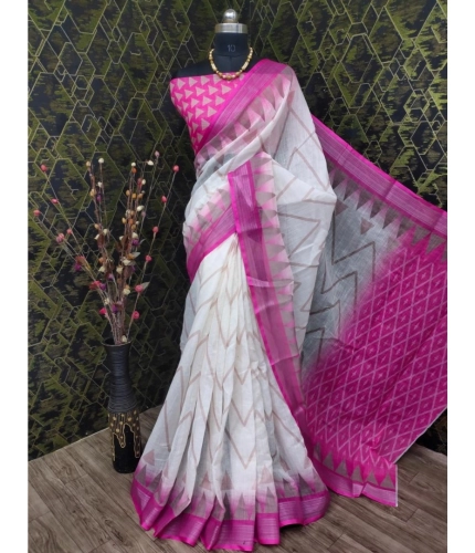 Generic Women's Cotton Linen Woven Design Saree With Unstitched Blouse 5.5Mtr (Pink)