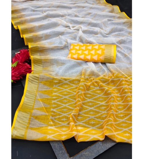 Generic Women's Cotton Linen Woven Design Saree With Unstitched Blouse 5.5Mtr (Yellow)