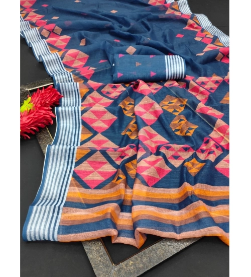 Generic Women's Cotton Linen Digital Print Saree With Unstitched Blouse 5.5Mtr (Blue)