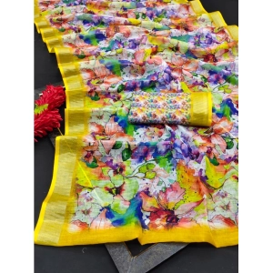 Generic Women's Cotton Linen Printed Saree With Unstitched Blouse 5.5Mtr (Yellow)