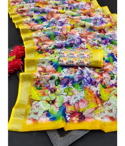 Generic Women's Cotton Linen Printed Saree With Unstitched Blouse 5.5Mtr (Yellow)