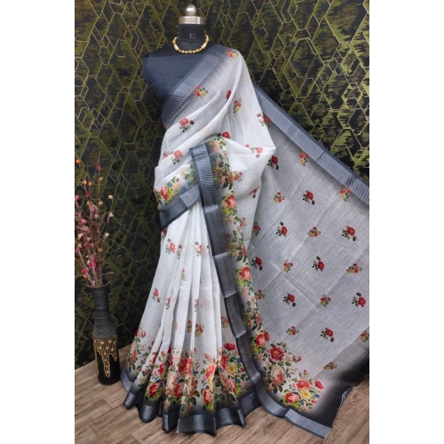 Women's Cotton Linen Woven Design Saree With Unstitched Blouse 5.5Mtr (Black)