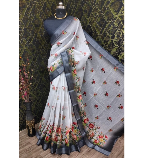 Generic Women's Cotton Linen Woven Design Saree With Unstitched Blouse 5.5Mtr (Black)