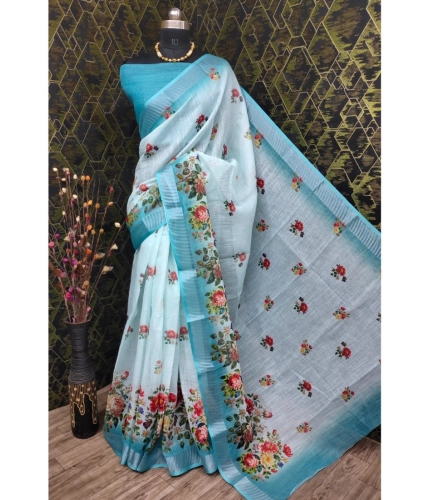 Generic Women's Cotton Linen Woven Design Saree With Unstitched Blouse 5.5Mtr (Sky)