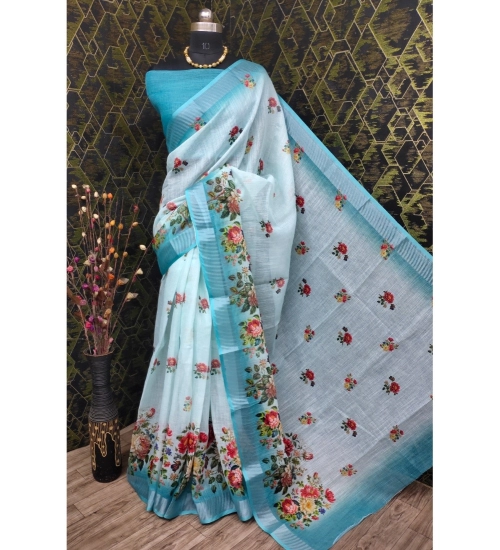 Generic Women's Cotton Linen Woven Design Saree With Unstitched Blouse 5.5Mtr (Sky)