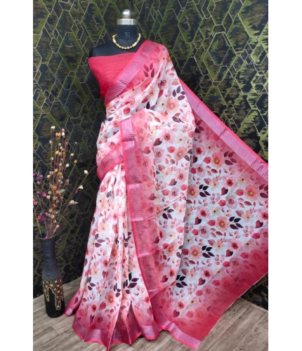 Generic Women's Cotton Linen Woven Design Saree With Unstitched Blouse 5.5Mtr (Red)