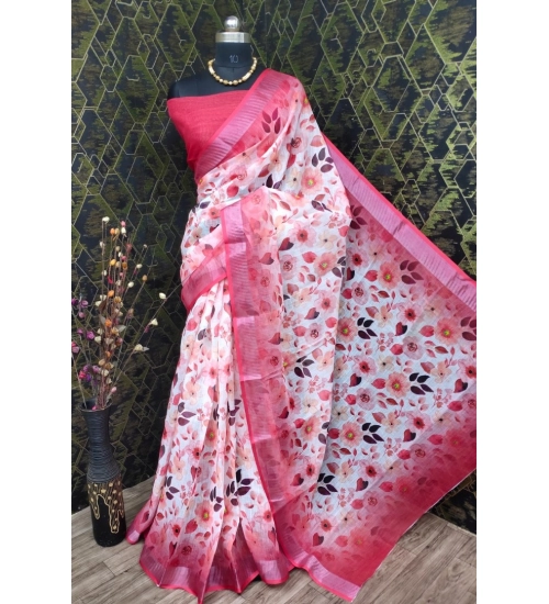 Generic Women's Cotton Linen Woven Design Saree With Unstitched Blouse 5.5Mtr (Red)