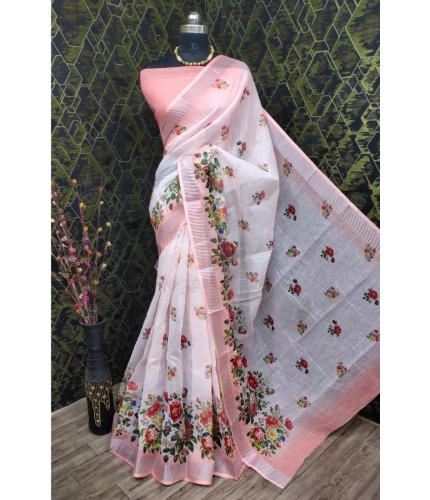 Generic Women's Cotton Linen Woven Design Saree With Unstitched Blouse 5.5Mtr (Peach)