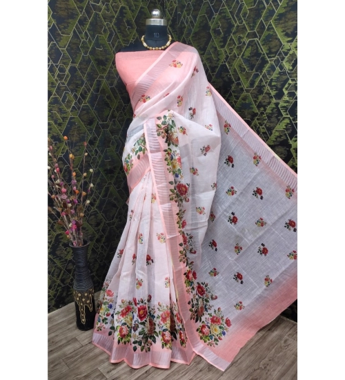 Generic Women's Cotton Linen Woven Design Saree With Unstitched Blouse 5.5Mtr (Peach)