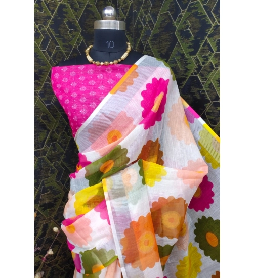 Generic Women's Cotton Linen Woven Design Saree With Unstitched Blouse 5.5Mtr (Pink)