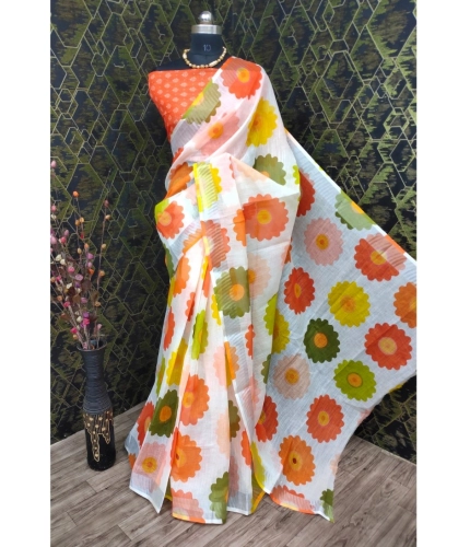 Generic Women's Cotton Linen Woven Design Saree With Unstitched Blouse 5.5Mtr (Orange)