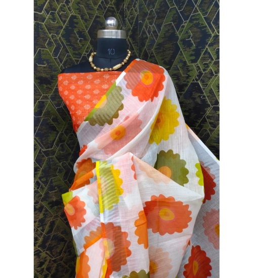 Generic Women's Cotton Linen Woven Design Saree With Unstitched Blouse 5.5Mtr (Orange)