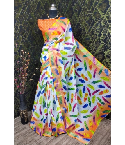 Generic Women's Cotton Linen Woven Design Saree With Unstitched Blouse 5.5Mtr (Orange)