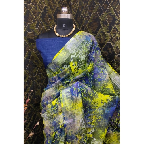 Women's Cotton Linen Woven Design Saree With Unstitched Blouse 5.5Mtr (Blue)