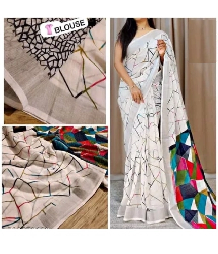 Generic Women's Cotton Linen Printed Saree With Unstitched Blouse 5.5Mtr (White) Generic Women's Cotton Linen Printed Saree With Unstitched Blouse 5.5Mtr (White)