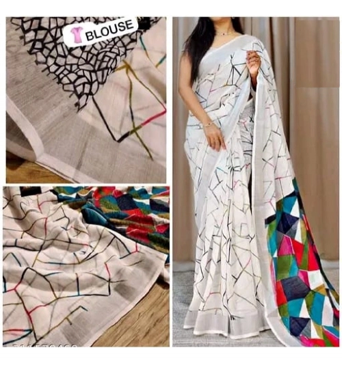 Generic Women's Cotton Linen Printed Saree With Unstitched Blouse 5.5Mtr (White)