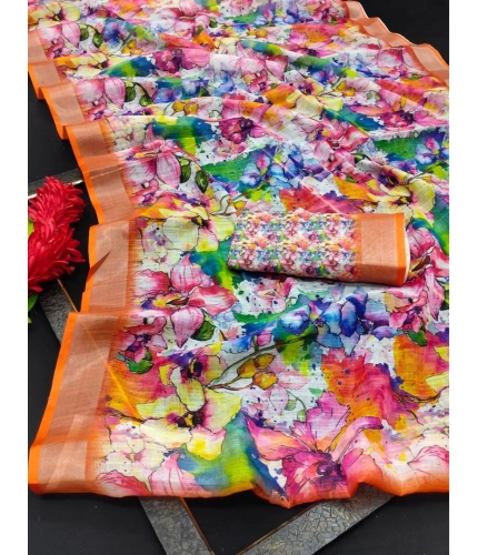 Generic Women's Cotton Linen Printed Saree With Unstitched Blouse 5.5Mtr (Orange)