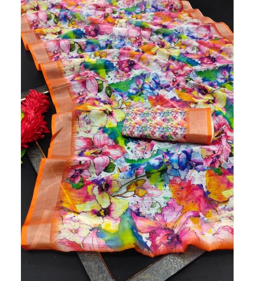 Generic Women's Cotton Linen Printed Saree With Unstitched Blouse 5.5Mtr (Orange)