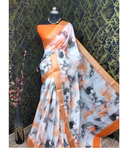 Generic Women's Cotton Linen Woven Design Saree With Unstitched Blouse 5.5Mtr (Orange)