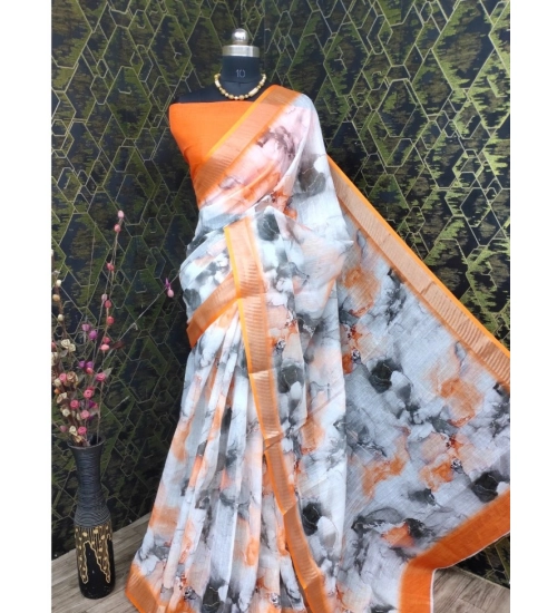 Generic Women's Cotton Linen Woven Design Saree With Unstitched Blouse 5.5Mtr (Orange)