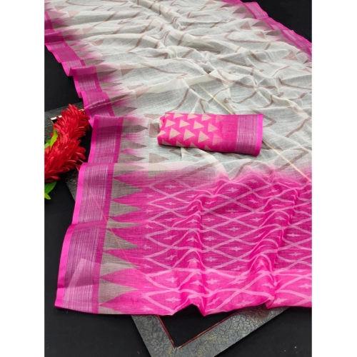 Women's Cotton Linen Woven Design Saree With Unstitched Blouse 5.5Mtr (Pink) Women's Cotton Linen Woven Design Saree With Unstitched Blouse 5.5Mtr (Pink)