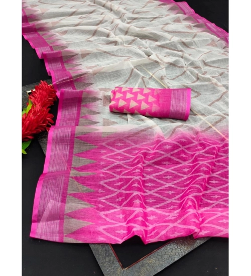 Generic Women's Cotton Linen Woven Design Saree With Unstitched Blouse 5.5Mtr (Pink)