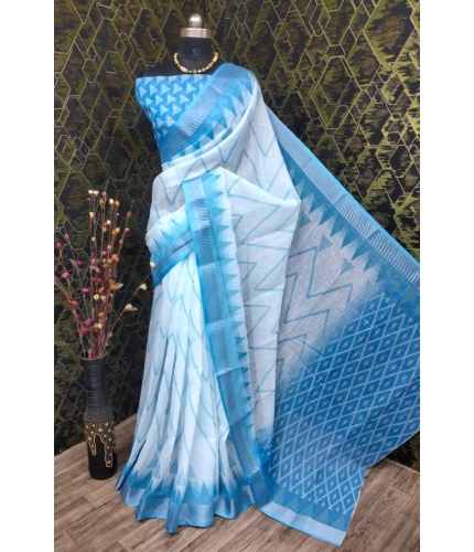 Generic Women's Cotton Linen Woven Design Saree With Unstitched Blouse 5.5Mtr (Sky Blue)