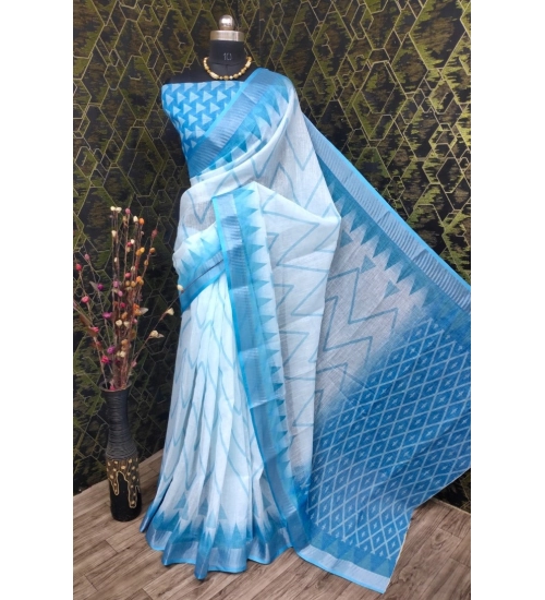 Generic Women's Cotton Linen Woven Design Saree With Unstitched Blouse 5.5Mtr (Sky Blue)