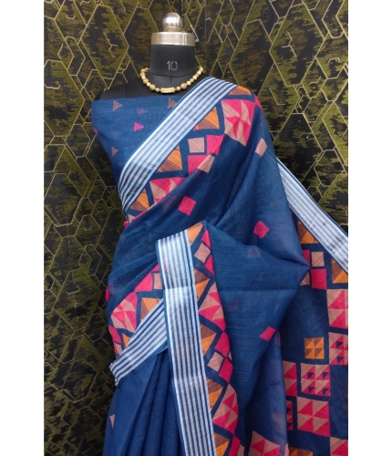 Generic Women's Cotton Linen Digital Print Saree With Unstitched Blouse 5.5Mtr (Blue)