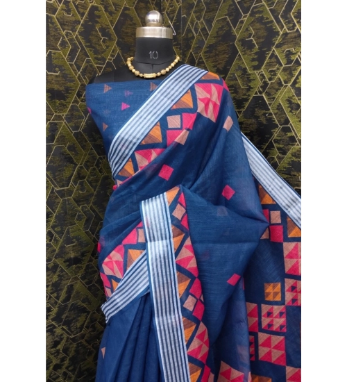 Generic Women's Cotton Linen Digital Print Saree With Unstitched Blouse 5.5Mtr (Blue)