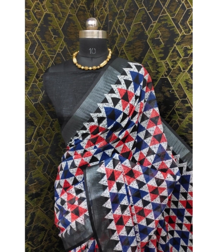 Generic Women's Cotton Linen Printed Saree With Unstitched Blouse 5.5Mtr (Black)